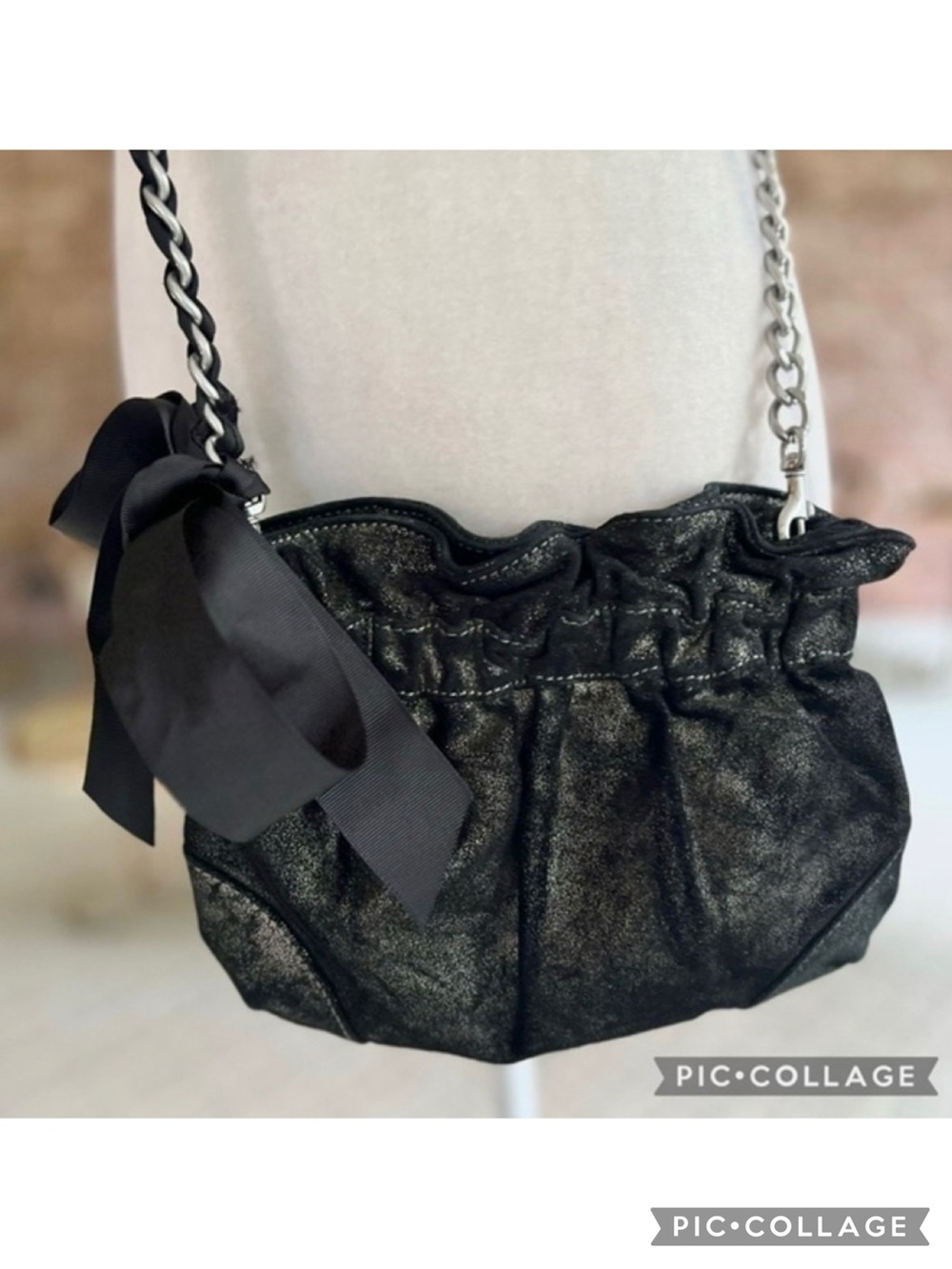 Loft Bag Crossbody Clutch Black Silver Metallic Bow Soft shell Leather